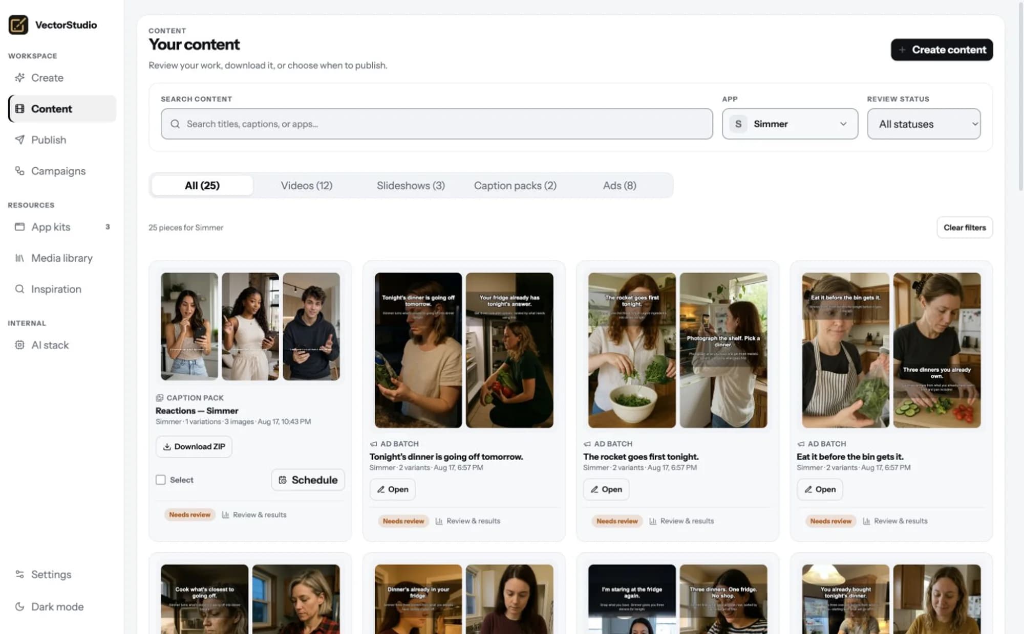 The Reelfinn Content library showing caption packs and static ads for the fictional Simmer app, each with its caption, review state, and export controls.